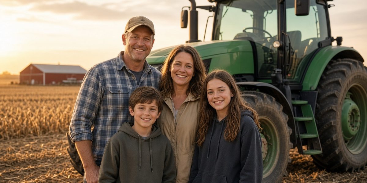 Farm family standing in front of a tractor on their row-crop farm